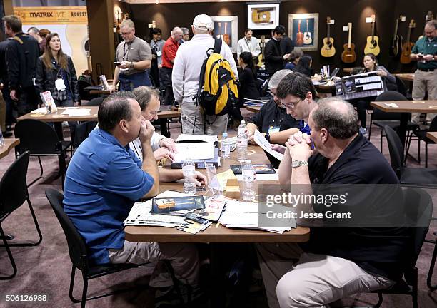 Exhibitors do business at the 2016 NAMM Show Opening Day at the Anaheim Convention Center on January 21, 2016 in Anaheim, California.