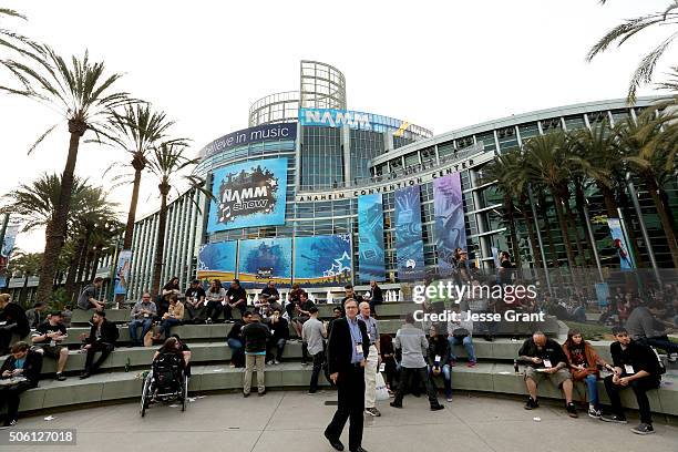 The Anaheim Conevntion Center is seen with NAMM signage at the 2016 NAMM Show Opening Day at the Anaheim Convention Center on January 21, 2016 in...