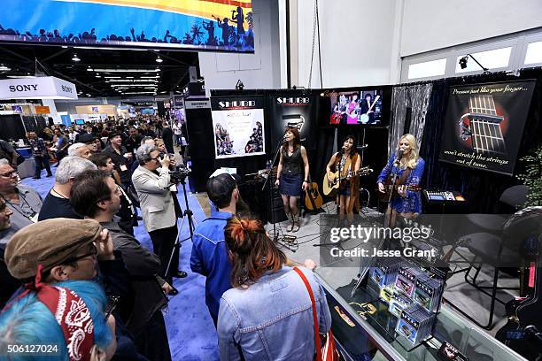 Convention goers experience the exhibits at the at the 2016 NAMM Show Opening Day at the Anaheim Convention Center on January 21, 2016 in Anaheim,...