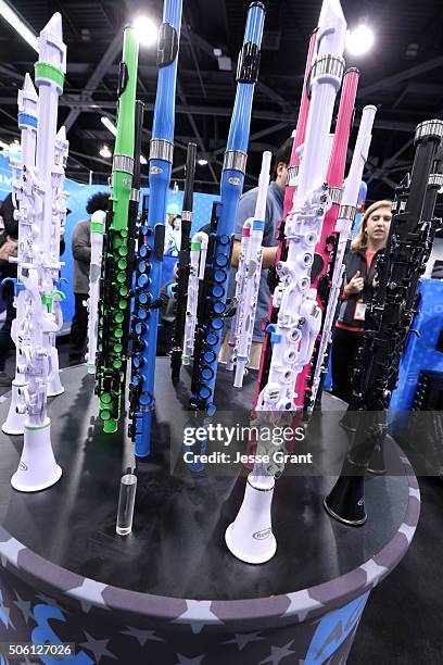 Exhibitors display their merchandise at the 2016 NAMM Show Opening Day at the Anaheim Convention Center on January 21, 2016 in Anaheim, California.