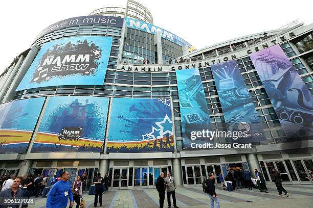 The Anaheim Conevntion Center is seen with NAMM signage at the 2016 NAMM Show Opening Day at the Anaheim Convention Center on January 21, 2016 in...