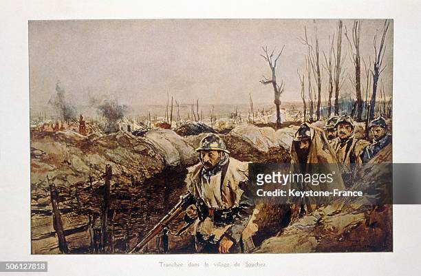 Soldats dans une tranchée, en France, circa 1914.