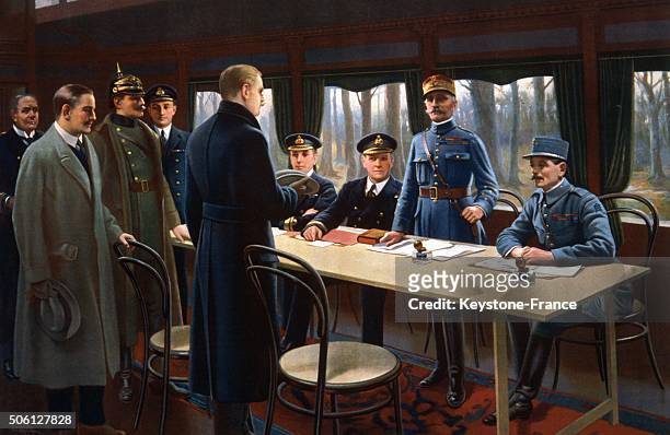 Depiction of the signing of the Armistice of 11 November 1918, in a railway carriage at Le Francport near Compiègne, France, ending World War I. Left...