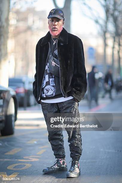 Bevan wearing a Marc Jacobs outfit after the Rick Owens show during Paris Fashion Week Menswear Fall Winter 2016/2017 on January 21, 2016 in Paris,...