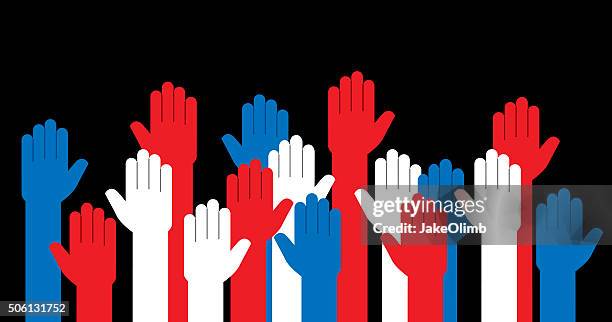 stockillustraties, clipart, cartoons en iconen met hands red white and blue raised - voter