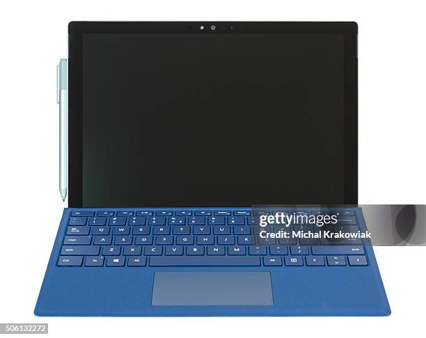 front view of microsoft surface pro 4 with type cover. - microsoft surface pro stock pictures, royalty-free photos & images