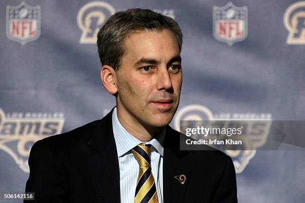 Los Angeles Rams CEO Kevin Demoff addresses a press conference held at Forum to celebrate and welcome team to Los Angeles.