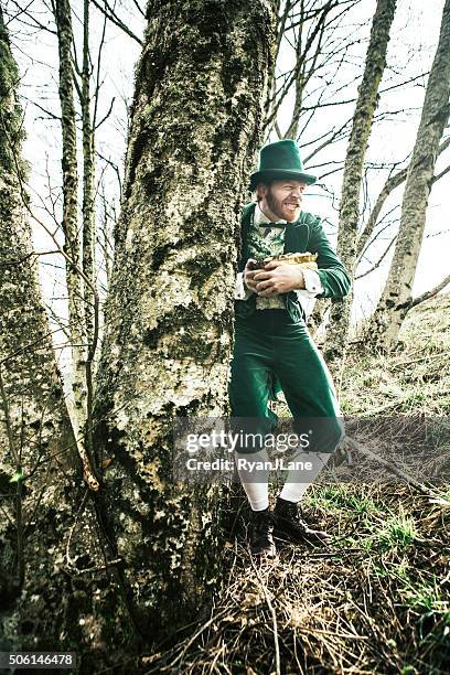 leprechaun man hiding pot of gold - leprechaun stockfoto's en -beelden