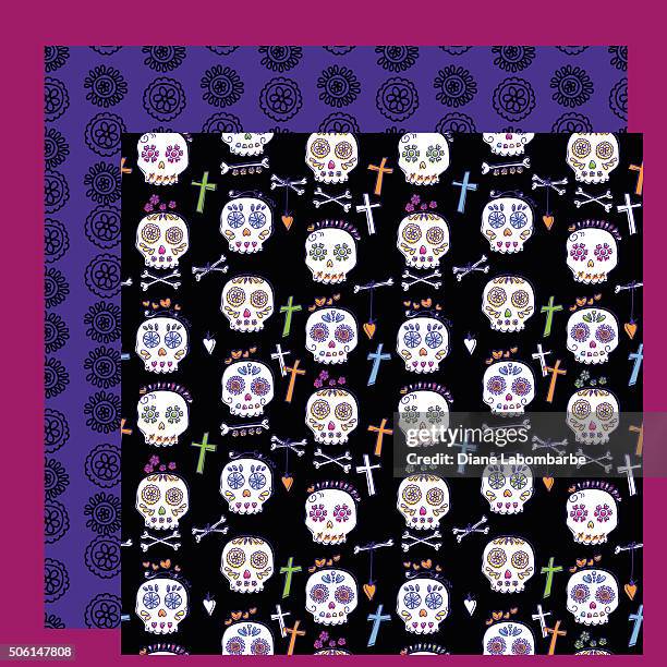 coordinating day of the dead seamless pattern set - sugar skull background stock illustrations