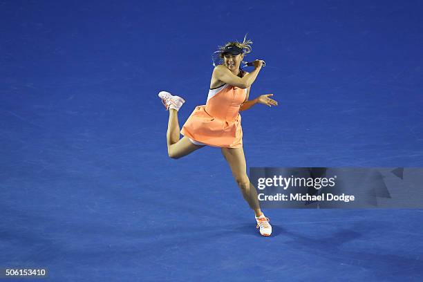 Maria Sharapova of Russia plays a forehand in her third round match against Lauren Davis of the United States during day five of the 2016 Australian...