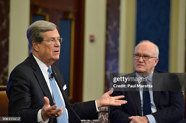 Former Senate Majority Leaders Tom Daschle and Trent Lott discuss their new co-authored book "Crisis Point" and reaching across the aisle to make the...