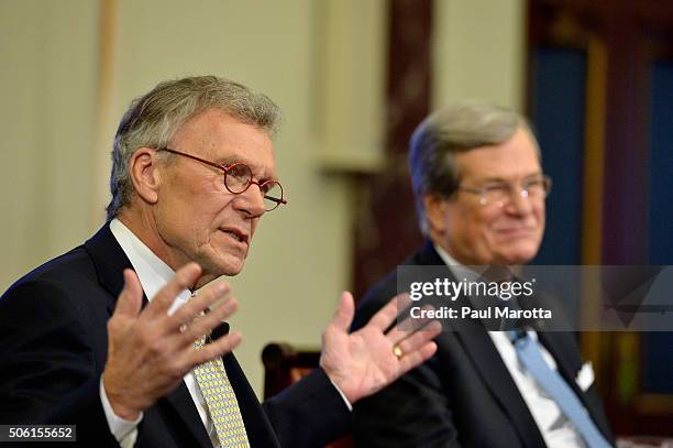 Former Senate Majority Leaders Tom Daschle and Trent Lott discuss their new co-authored book "Crisis Point" and reaching across the aisle to make the...