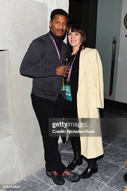 Actor Nate Parker and Sarah DiSanto attends An Artist at the Table: cocktails and dinner program benefit during 2016 Sundance Film Festival at the...