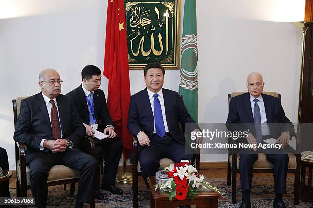 Jan. 21, 2016-- Chinese President Xi Jinping, second right, meets with Nabil al-Arabi, first right, secretary general of the Arab League, in Cairo,...