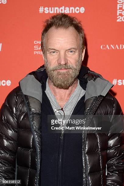Musician Sting attends the "Sky Ladder: The Art Of Cai Guo-Qiang" Premiere during the 2016 Sundance Film Festival at The Marc Theatre on January 21,...
