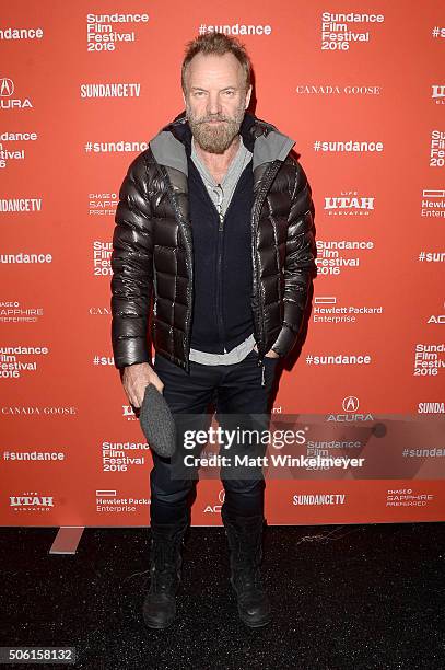 Musician Sting attends the "Sky Ladder: The Art Of Cai Guo-Qiang" Premiere during the 2016 Sundance Film Festival at The Marc Theatre on January 21,...