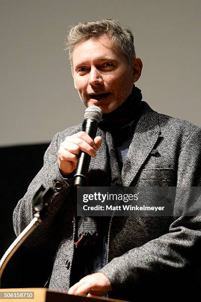 Filmmaker Kevin Macdonald speaks onstage during the "Sky Ladder: The Art Of Cai Guo-Qiang" Premiere during the 2016 Sundance Film Festival at The...