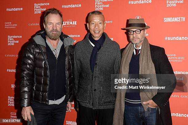 Musican Cai Guo-Qiang, artist Cai Guo-Qiang, and actor Fisher Stevens attend the "Sky Ladder: The Art Of Cai Guo-Qiang" Premiere during the 2016...