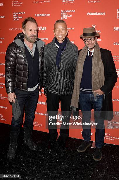 Musican Sting, artist Cai Guo-Qiang, and actor Fisher Stevens attend the "Sky Ladder: The Art Of Cai Guo-Qiang" Premiere during the 2016 Sundance...