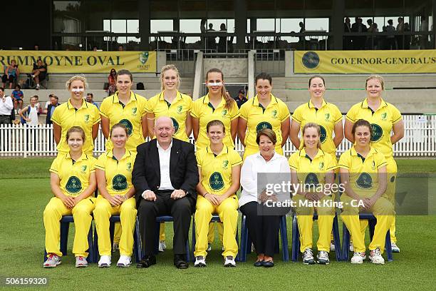 The Governor-General of Australia Peter Cosgrove and Lady Lynne Cosgrove pose with the Governor-General's XI for a team photo before the tour match...