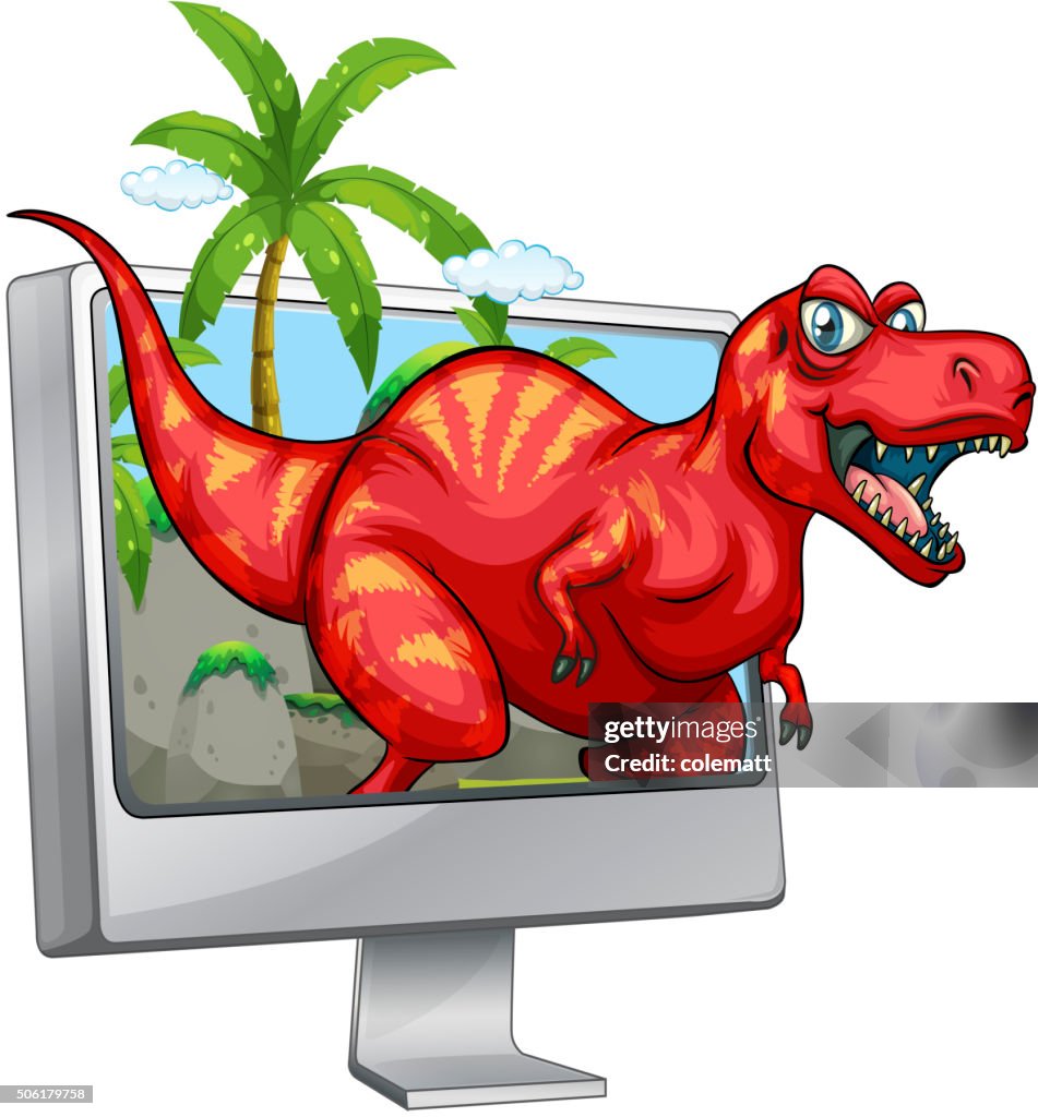 Dinosaurio Computer Red Dinosaur Coming Out Of Computer Screen High-Res Vector Graphic ...