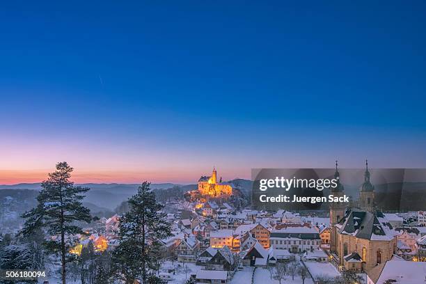 winter landscape in the franconian switzerland, goessweinstein (gößweinstein) at dusk - germany snow stock pictures, royalty-free photos & images