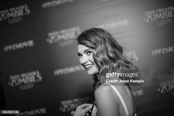 Actress Lily James attends the premiere of Screen Gems' "Pride And Prejudice And Zombies" on January 21, 2016 in Los Angeles, California.