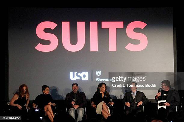Actors Sarah Rafferty, Meghan Markle, Rick Hoffman, Gina Torres and Producer/Creator Aaron Korsh attend the premiere of USA Network's "Suits" season...