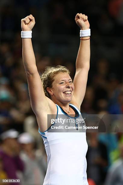 Anna-Lena Friedsman of Germany celebrates winning her third round match against Roberta Vinci of Italy during day five of the 2016 Australian Open at...