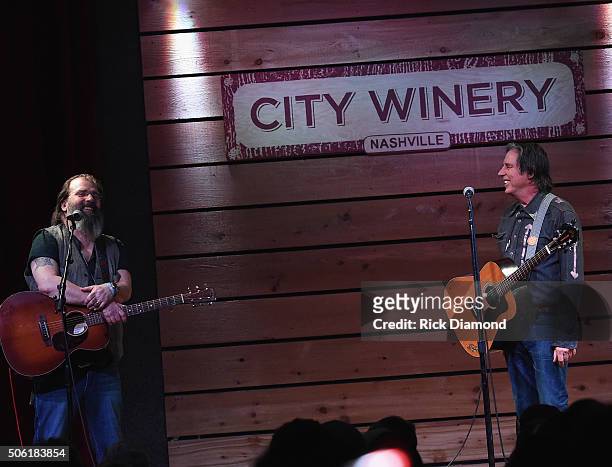 John Doe joins Steve Earle during his Residency at City Winery Nashville - 3 of 4 at City Winery Nashville on January 21, 2016 in Nashville, United...