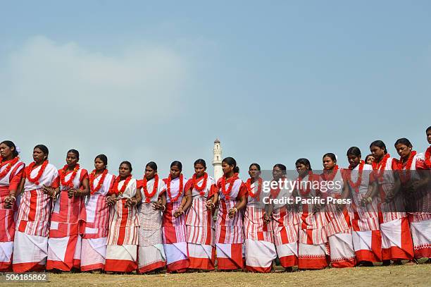 Tribal dancers performs during a protest meeting organised by Communist Party of India Liberation against state government of West Bengal in Kolkata...