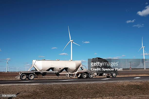 Wind turbines are viewed at a wind farm on January 21, 2016 in Colorado City, Texas. Wind power accounted for 8.3 percent of the electricity...