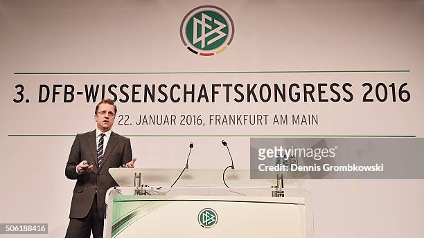 Tim Meyer of Saarland University holds a speach during Day 2 of the DFB Science Congress at Steigenberger Airport Hotel on January 22, 2016 in...