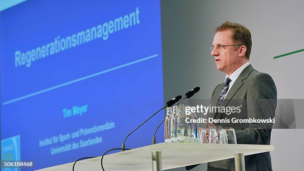 Tim Meyer of Saarland University holds a speach during Day 2 of the DFB Science Congress at Steigenberger Airport Hotel on January 22, 2016 in...