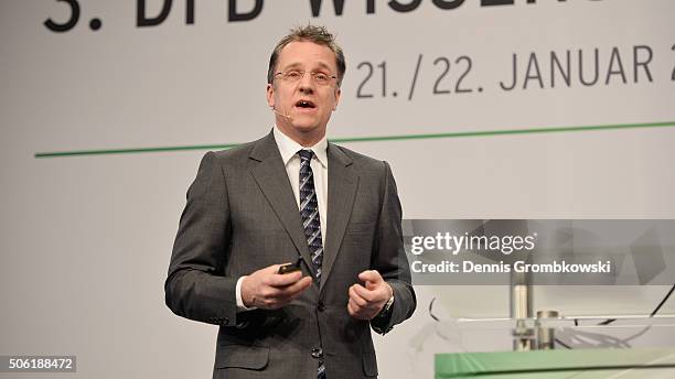 Tim Meyer of Saarland University holds a speach during Day 2 of the DFB Science Congress at Steigenberger Airport Hotel on January 22, 2016 in...