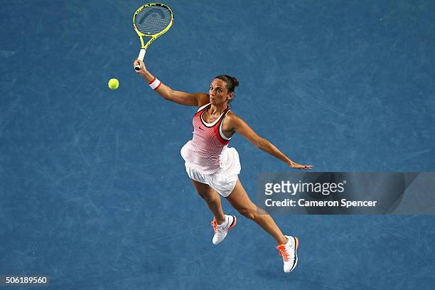 Roberta Vinci of Italy plays a forehand in her third round match against Anna-Lena Friedsman of Germany during day five of the 2016 Australian Open...