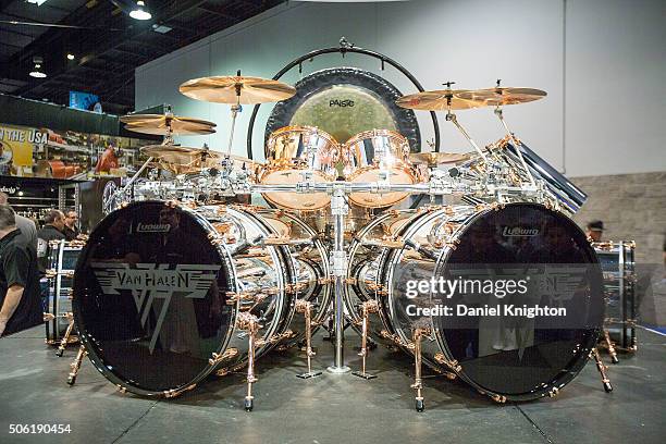 Display of Alex Van Halen's Ludwig drum set at NAMM Show - Day 1 at Anaheim Convention Center on January 21, 2016 in Anaheim, California.