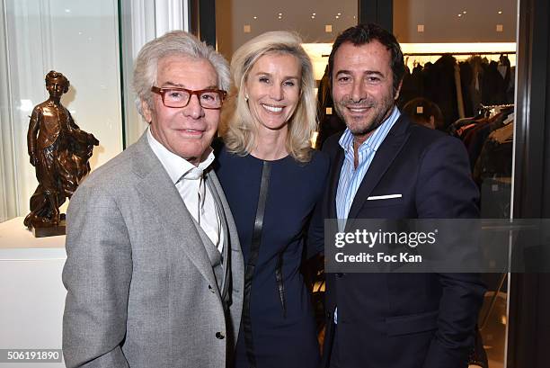 Jean-Daniel Lorieux, Laura Restelli Brizard and Bernard Montiel attend the Mireille Darc Photo Exhibition Preview at Artcurial on January 21, 2016 in...