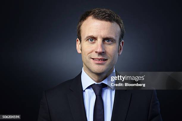 Emmanuel Macron, France's economy minister, poses for a photograph following a Bloomberg Television interview in Davos, Switzerland, on Friday, Jan....