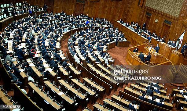 General view shows a plenary session of the House of Representatives at the Diet in Tokyo on January 22, 2016 after opposition lawmakers left the...