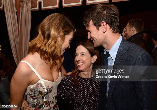 Actress Lily James, producer Allison Shearmur and actor Matt Smith pose at the after party for the premiere of Screen Gems' "Pride and Prejudice and...