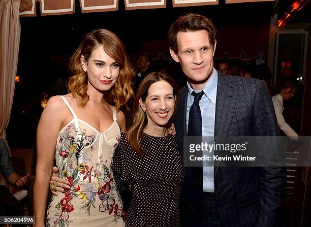 Actress Lily James, producer Allison Shearmur and actor Matt Smith pose at the after party for the premiere of Screen Gems' "Pride and Prejudice and...