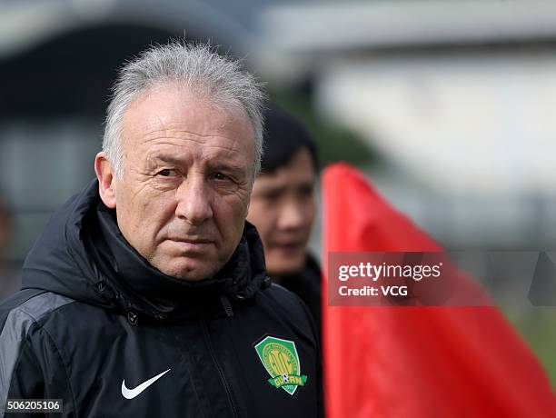 Alberto Zaccheroni, head coach of Beijing Guoan, takes part in a training session on January 21, 2016 in Kunming, China.