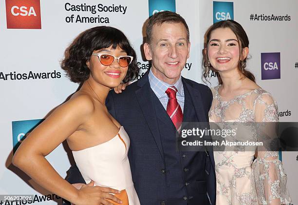 Actress Emily Robinson, Richard Hicks and Actress Kiersey Clemons attend the Casting Society Of America's 31st Annual Artios Awards at The Beverly...