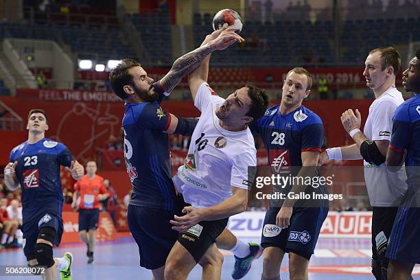 Barys Pukhouski of Belarus during the 1 group match of the EHF European Men's Handball Championship between France and Belarus at Tauron Arena on...
