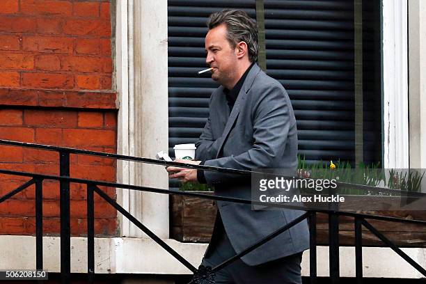 Matthew Perry seen taking a break from rehearsals for his play 'The End of Longing' on January 22, 2016 in London, England.