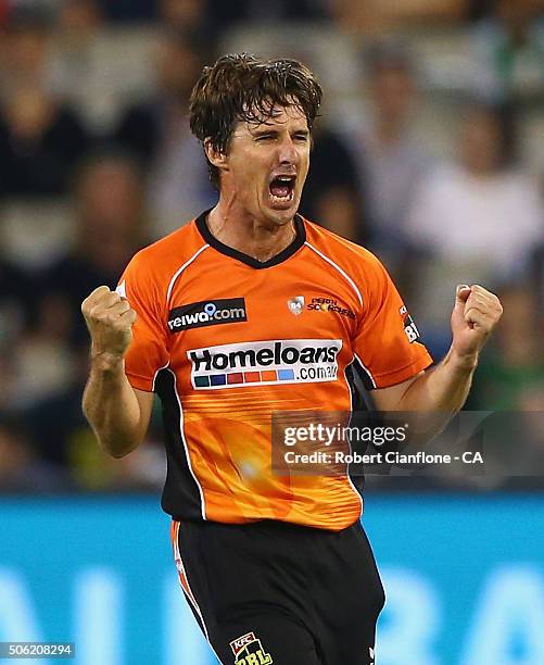 Brad Hogg of the Scorchers celebrates after taking the wicket of Marcus Stoinis of the Stars during the Big Bash League Semi Final match between the...