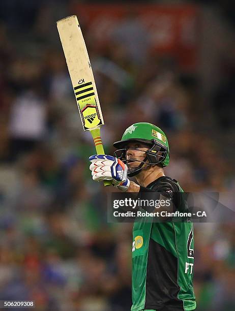 Kevin Pietersen of the Stars celebrates after reaching his half century during the Big Bash League Semi Final match between the Melbourne Stars and...