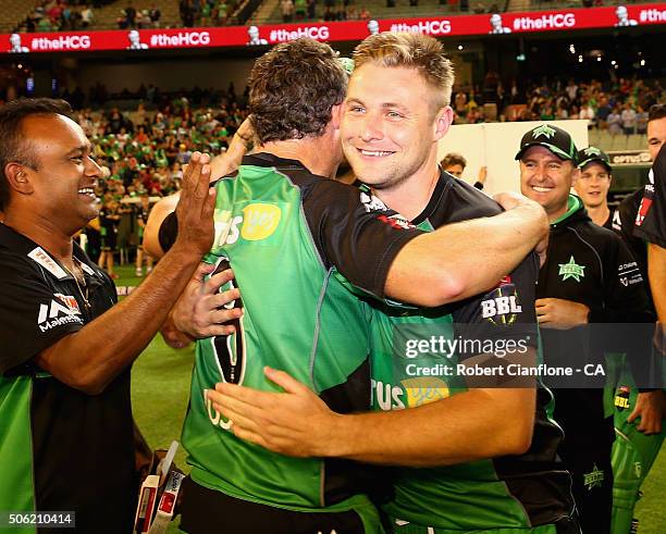 Luke Wright of the Stars celebrates with David Hussey after the Stars defeated the Scorchers in the Big Bash League Semi Final match between the...