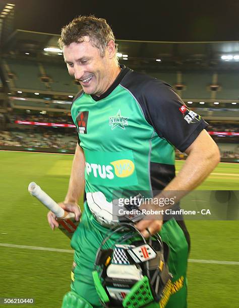 David Hussey of the Stars runs from the ground after the Stars defeated the Scorchers in the Big Bash League Semi Final match between the Melbourne...